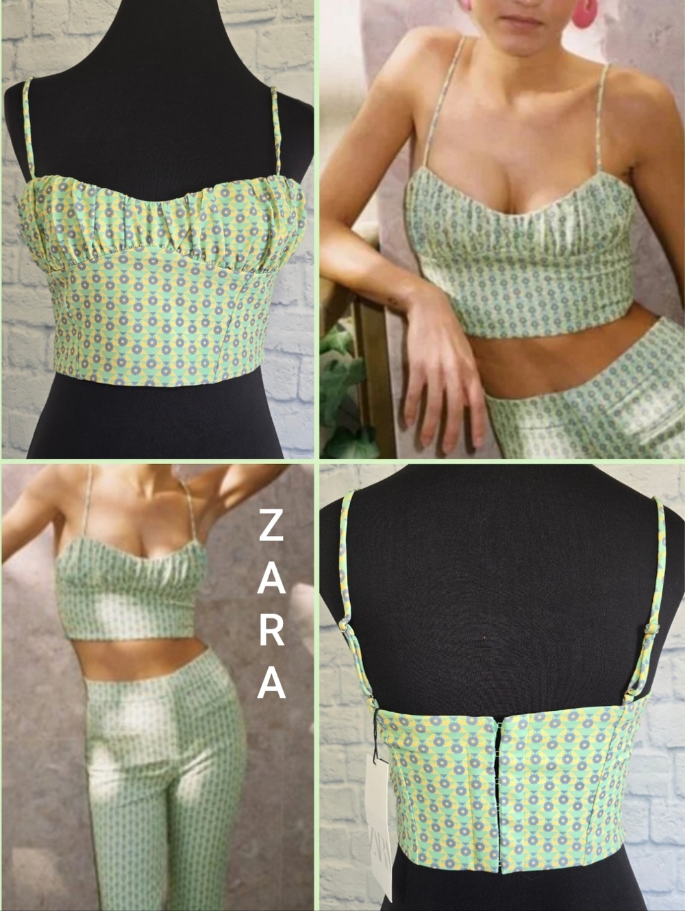 ZARA Green Corset Crop Top Geometric Floral Print Cropped Cami NEW Medium